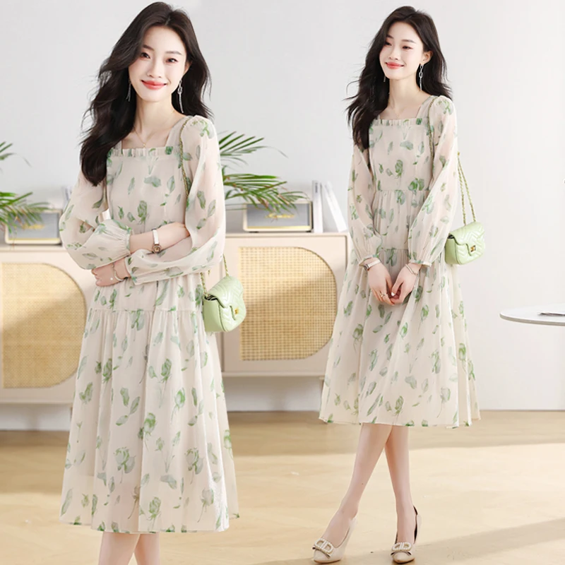 Women's Dress 2024 New Office Lady French Korea Style Chiffon Floral Print Long Sleeve Square Collar Dresses