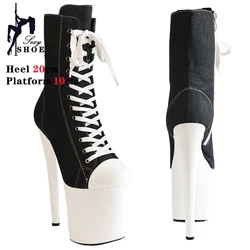 Women Shoes Canvas Platform Lace Up Pink Ankle Boots 20cm High Heel Side Zipper Thick Bottom Fashion Sexy Stiletto Booties