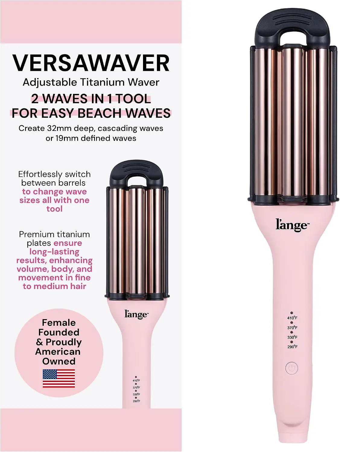 2-in-1 Adjustable Titanium Hair Waver & Crimper, 19mm & 32mm Barrels, Beach Waves & Defined Crimps, Dual Voltage