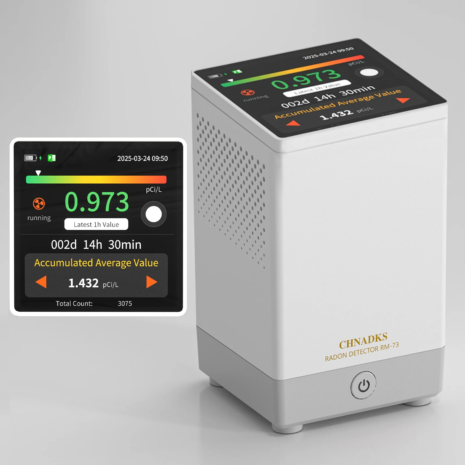 Rilevatore radon Allarme visivo acustico Display LCD a colori touchscreen, rilevatore di gas radon a lungo termine Monitoraggio PCi/L o Bq/m3