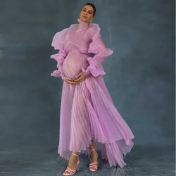 Sexy Bridal Maternity Dresses Ruffled Sleeve Custom Made Pink Floor Length Long Tulle Sheer Maternity Dress For Photo Shoot