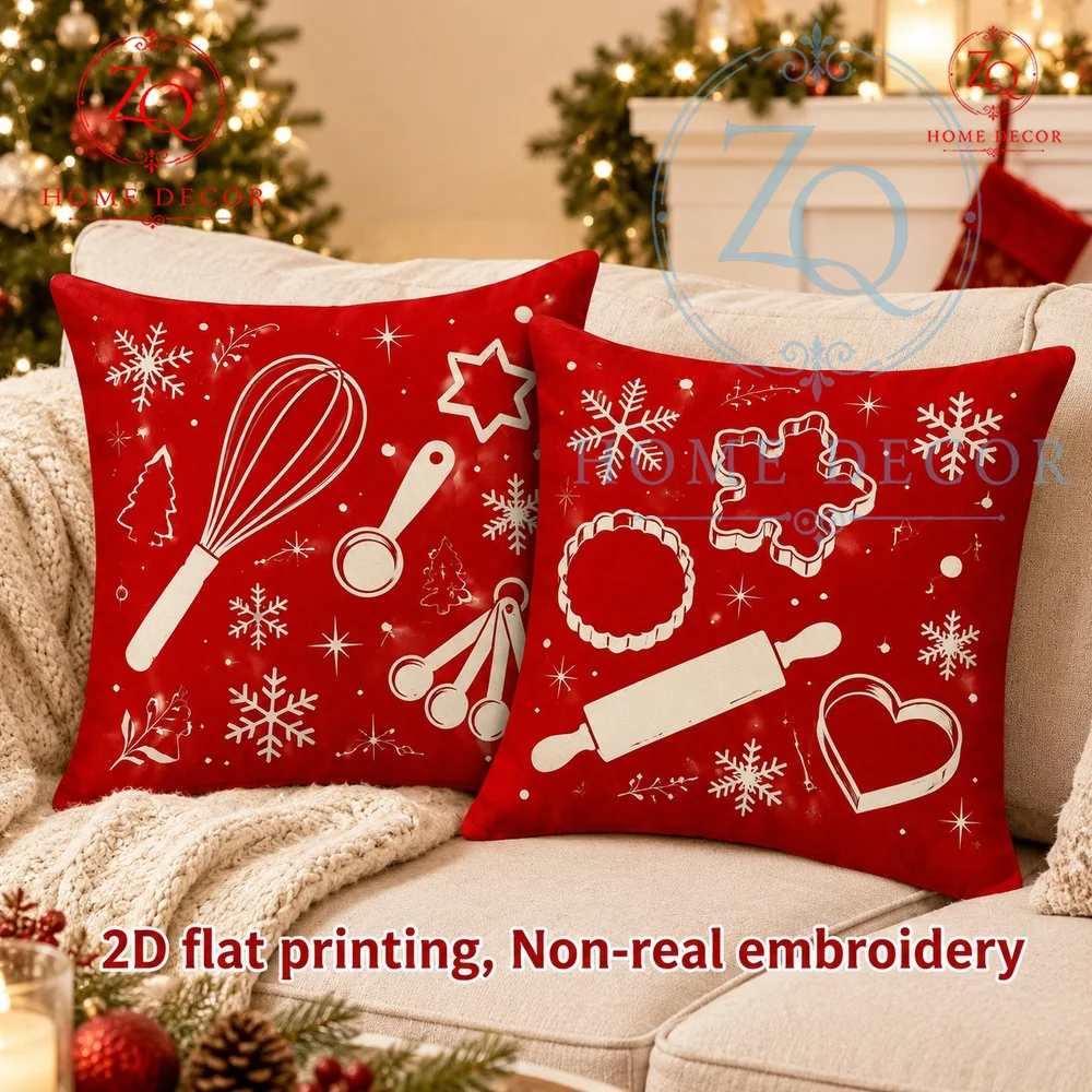 Christmas Kitchen Baking Throw Pillow Covers Red Winter Holiday Cushion Cases with Snowflake Cookie Cutter Designs