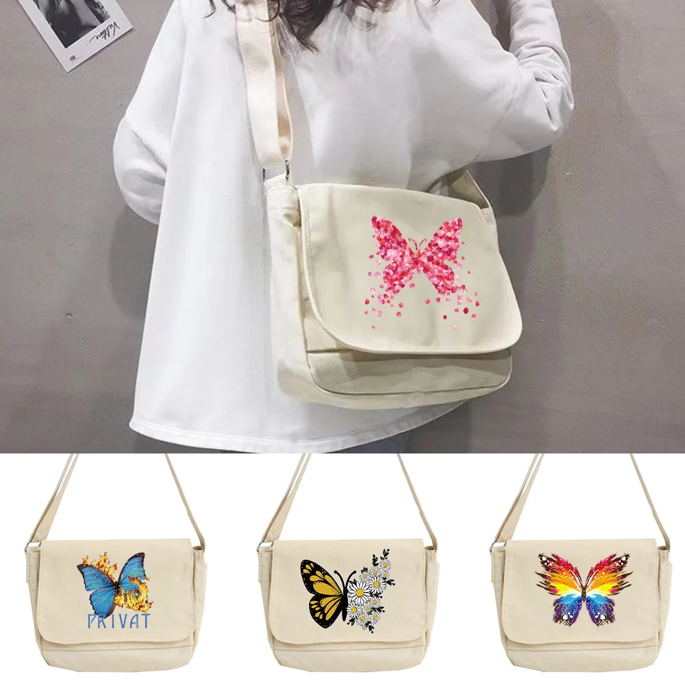2026 Canvas Messenger Bags Women Shoulder Bag Student Style Casual Version Wild Postman Case Satchels Butterfly Print Organizer