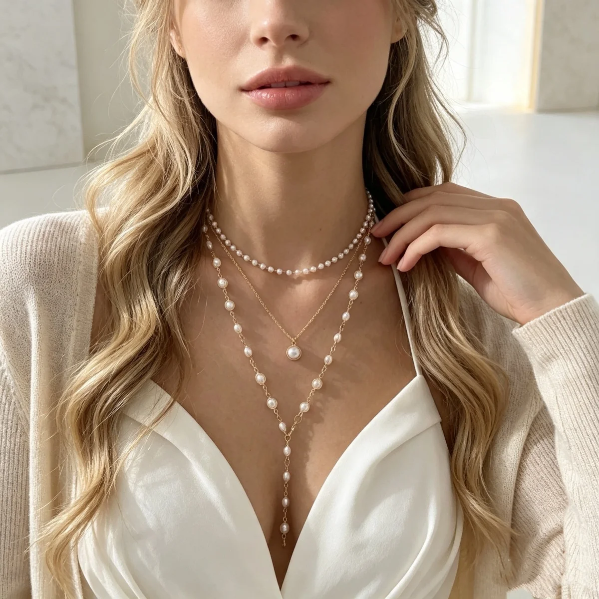 Vintage Elegante Simulierte Perlen-Halskette für Damen, Mehrschichtige Y-förmige Pulloverkette, Choker, Hochzeitsschmuck – Detail 13