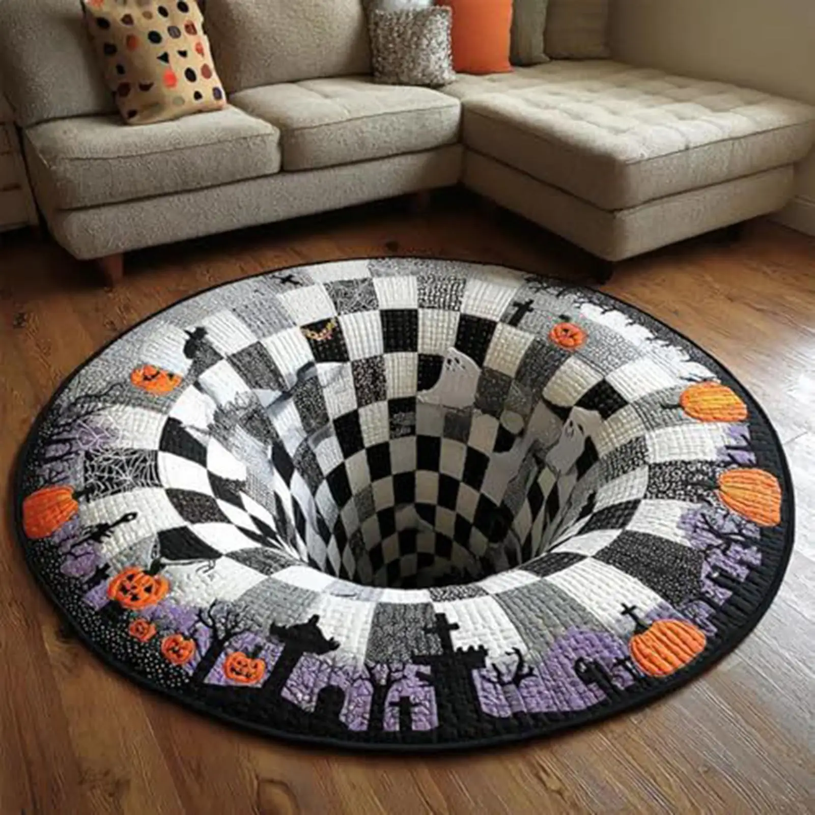 Halloween Decoration Optical Illusion Ghost Halloween Rug Black Non Slip Floor Mat for Living Room Halloween Indoor Carpet Prop