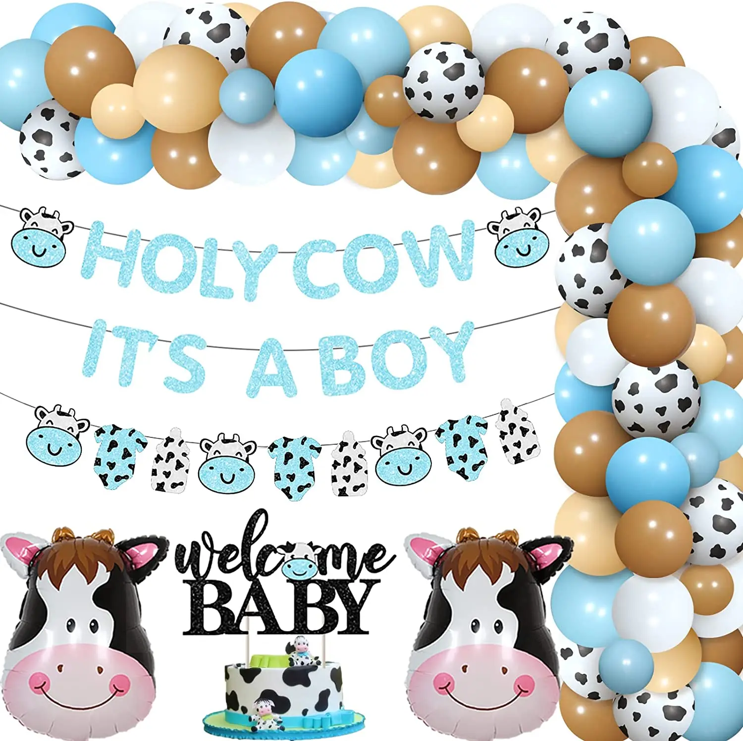 

Sursurprise-Cow Theme Baby Shower Decoration, Holy Cow, It's A Boy Banner, Cow Print Balloon Garland, Welcome Baby Cake Topper