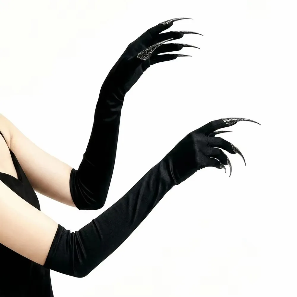 Black Color Long Nails Gloves Stretch Elastic Detachable Claw Nails Cosplay Gloves Polyester Material Finger Nails Design