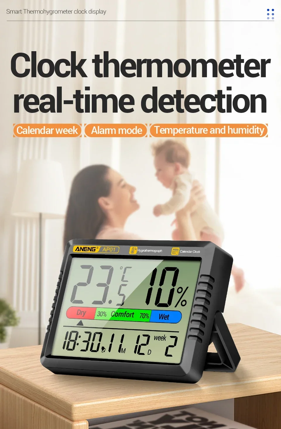 ANENG AP01 LCD Digital-Thermo-Hygrometer, elektronische Innenuhr, Multiszenenmessung, Lufttemperatur-Hygrometer, Testwerkzeuge – Detail 1