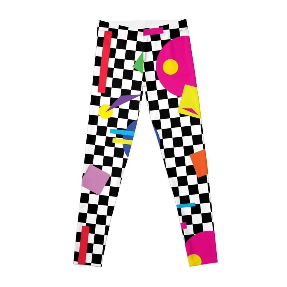 Retro Classic 1980s Shapes On Black and White Check - Retro Shapes #1 Leggings jogging pants Womens Leggings