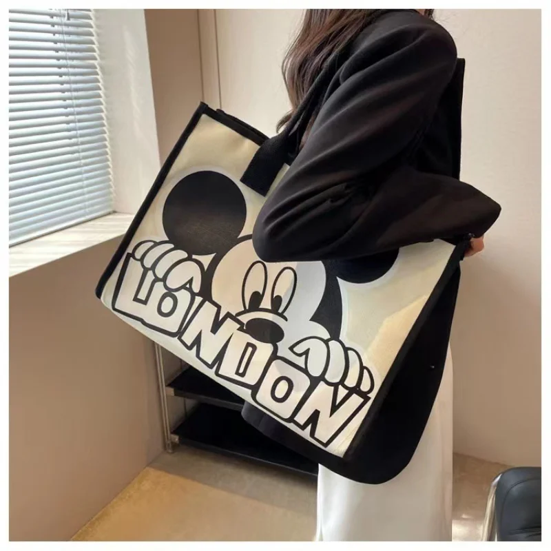 Sacola Disney grande capacidade para mulheres, carta kawaii Mickey Mouse, bolsa de ombro para meninas, bolsa de desenho animado