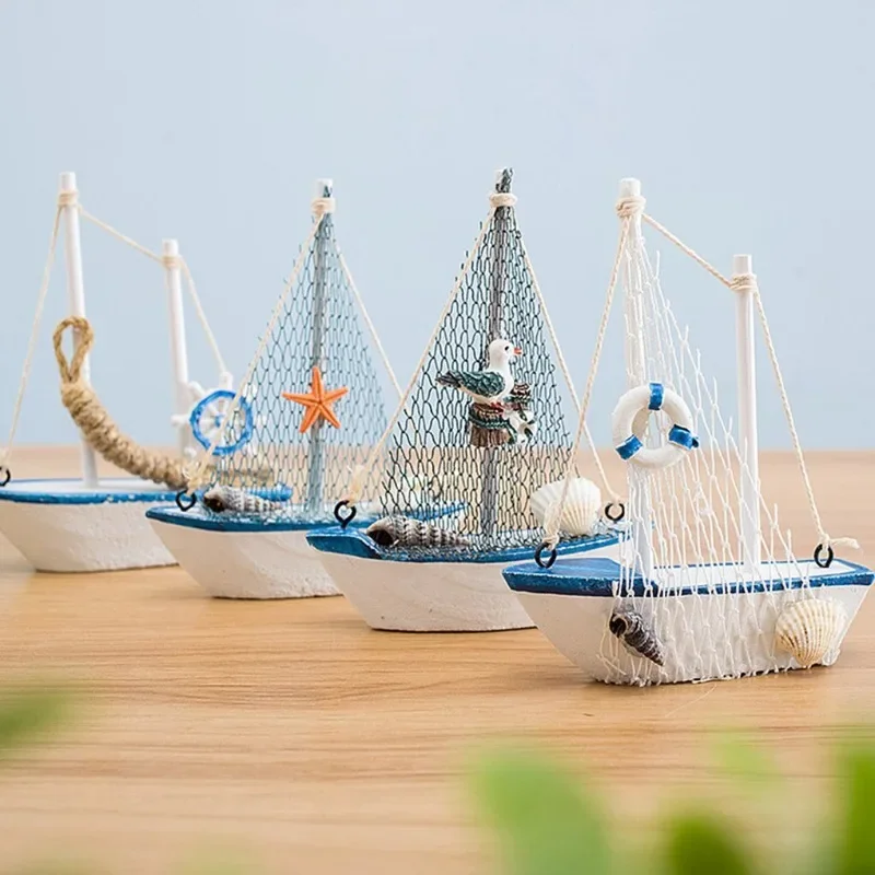 1pc Mini Mediterranean Style Marine Nautical Wooden Blue Sailing Boat Ship Wood Crafts Ornaments Party Room Home Decoration