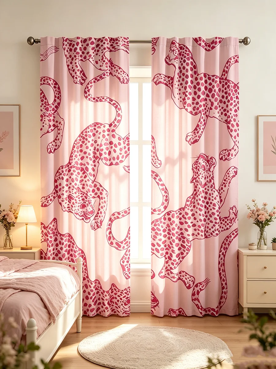 2PCS Digital Printed Curtains, Pink Leopard Cheetah Print Pattern, Retro Glam Style for Living Room Bedroom Kitchen Home Decor