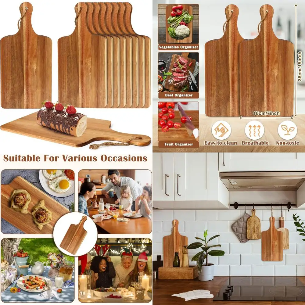 

Large Acacia Wood Cutting Boards - 10 Pack, 15x7 Inch Kitchen Chopping Boards with Handles, Serving Boards for Cooking and Enter