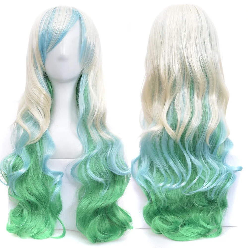 70cm Long Curly Pink Blue Green Colorful Synthetic Hair Full Party Hairpiece Cosplay Wigs