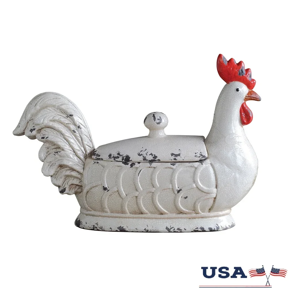 

Creative Co-Op Rooster Storage Container with Lid Rustic Stoneware Food Jar Vintage Home Decor Kitchen Accent Piece