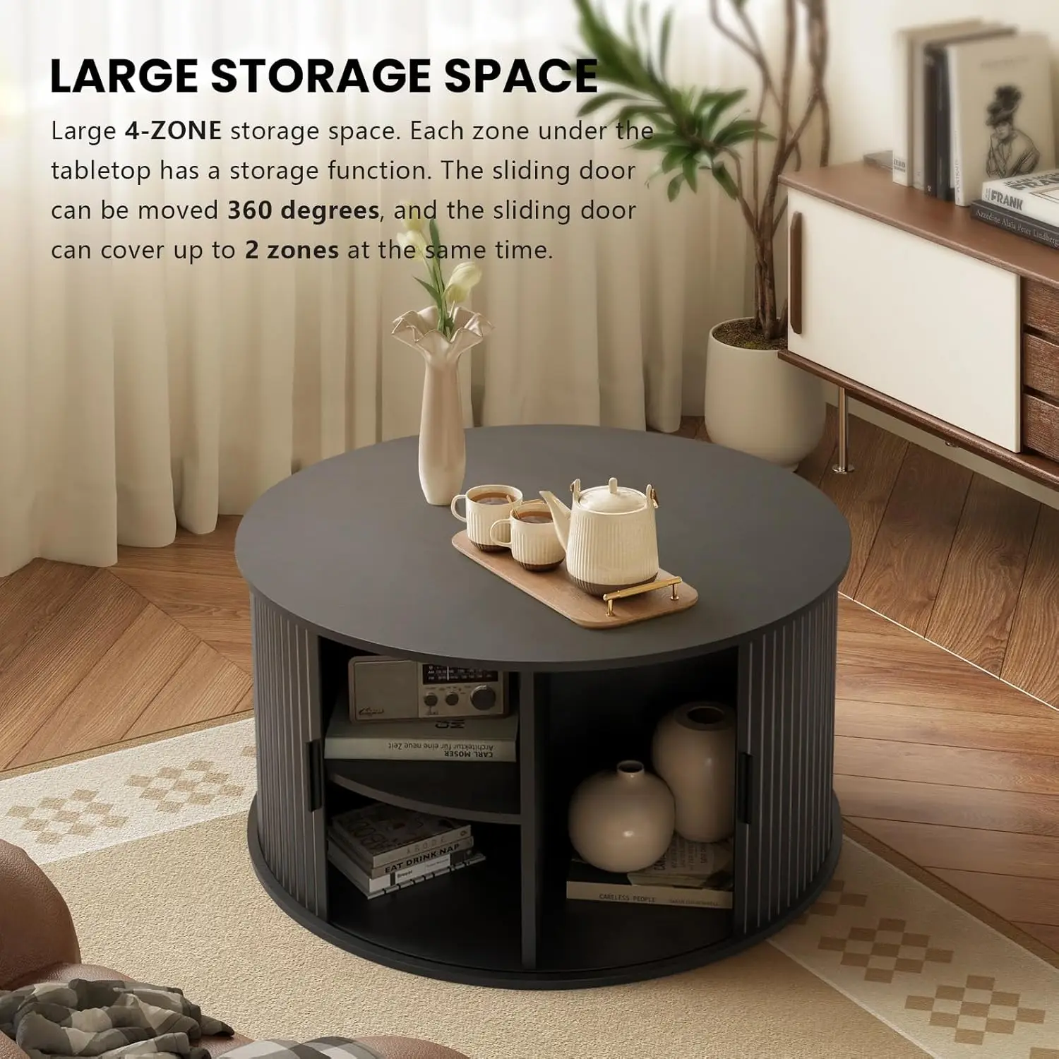 طاولة قهوة مستديرة للتخزين بأربعة مناطق، 31.5 بوصة مع 360 درجة °   باب منزلق منحني، لهجة خشبية مخددة ولمسة نهائية من خشب الجوز لغرفة المعيشة (B