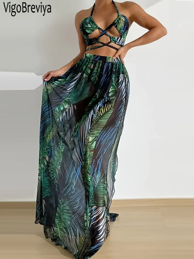 

VigoBreviya Sexy Print 3 Piece Mesh Skirt Bikini Set Swimwear Women 2025 Hollow Halter Push UP Swimsuit Summer Bathing Suit