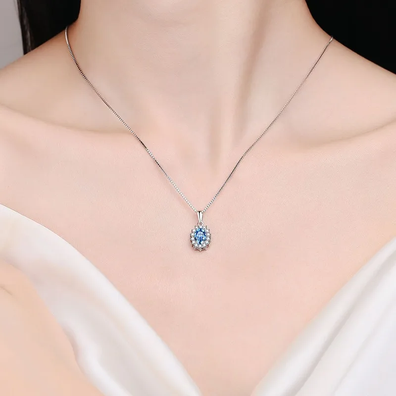 

OANA S925 Sterling Silver Moissanite Necklace Suitable for Women's Niche Light Luxury Design Sapphire Blue Oval Pendant Jewelry