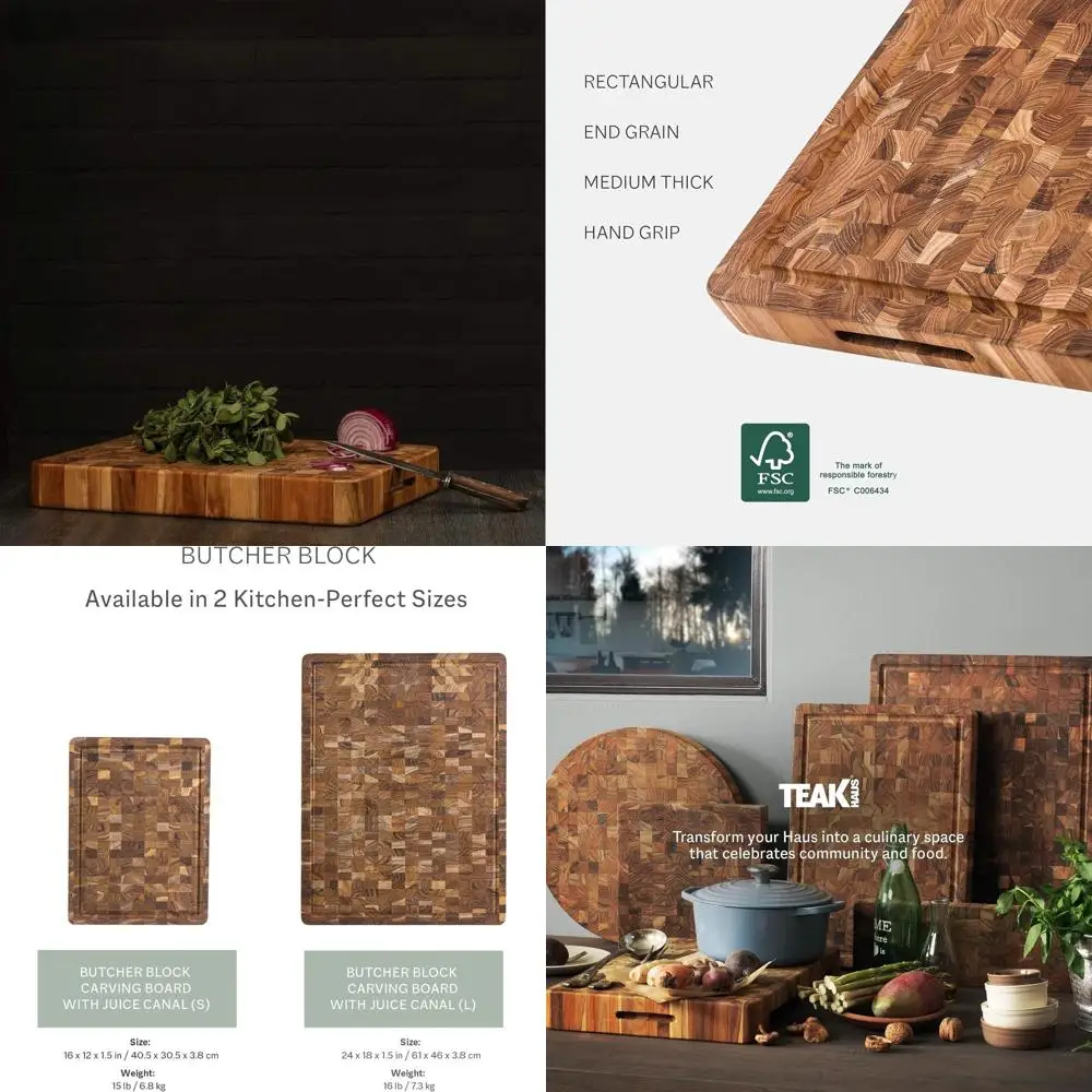 

Medium-Sized Teak Wood End Grain Cutting Board with Juice Groove - FSC Certified, Knife-Friendly