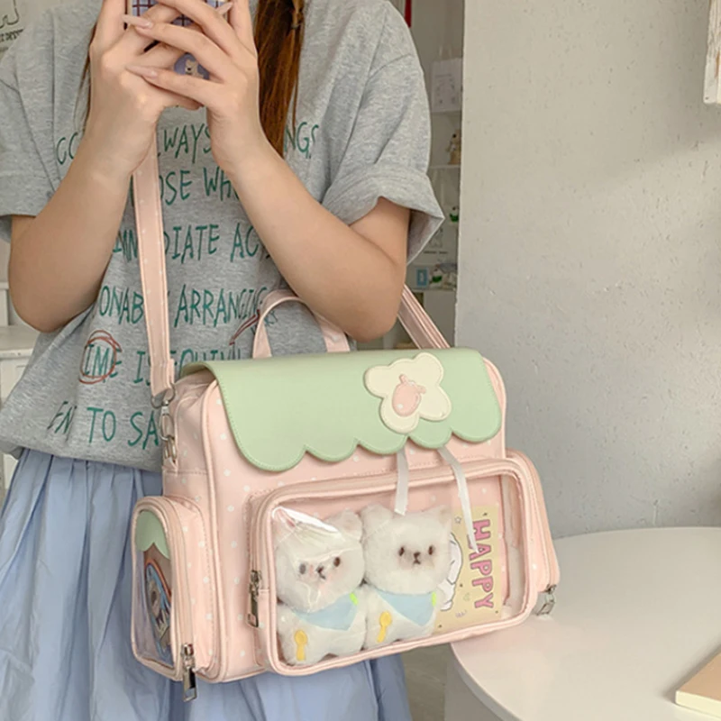 Sweet Polka Dot Ita Bag,pink Green Transparent Multi-pocket Doll Display Tote Bags,cute Backpack/handbag For Students Commuters