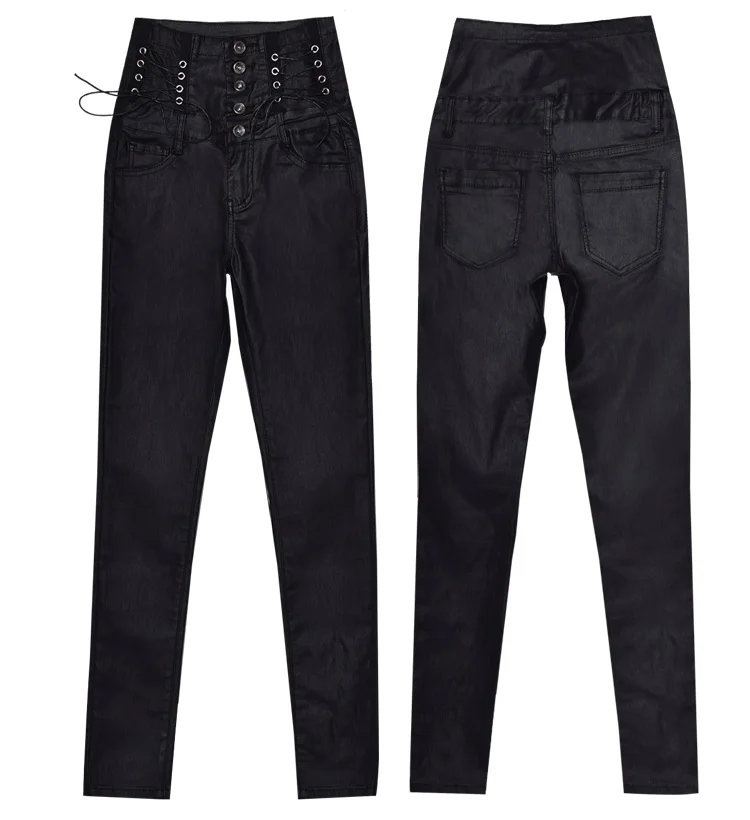 Women's Punk Pants High Waisted Buckle Strap Decorative Coating Imitation Leather Pants Elastic Moto Leggings PU Trousers