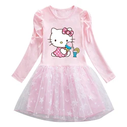 2024 Autumn Children's Clothing Long Sleeve Kids Clothes Baby Girls HELLO KITTY Vestidos Toddler Princess Cartoon Mesh Dress