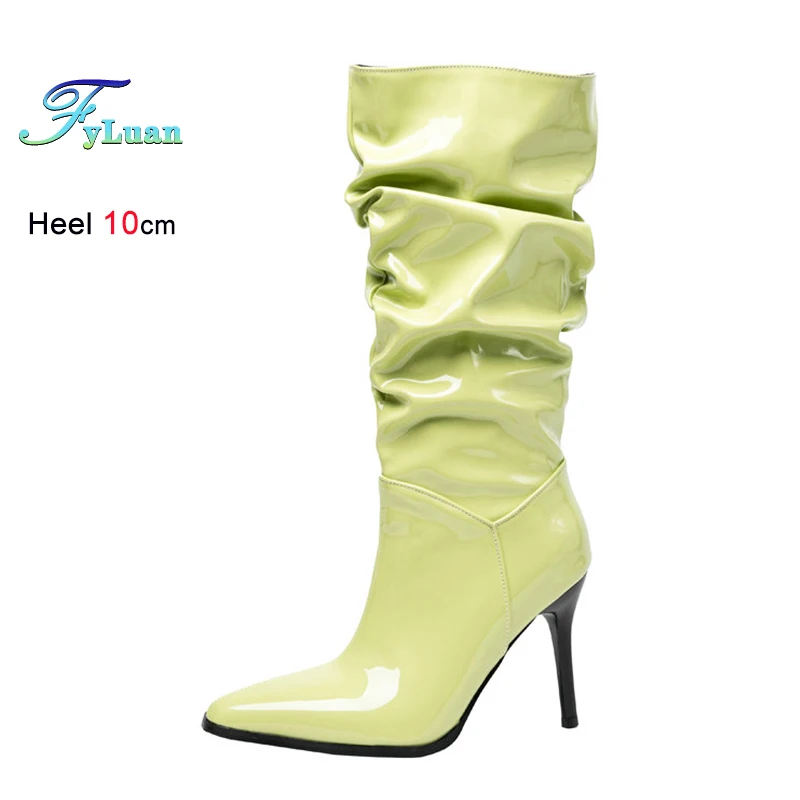 

Женские модные плиссированные ботинки на шпильке 10 см, рыцарские высокие сапоги, осенне-зимняя женская обувь для вечеринок, зеленые туфли на высоком каблуке, Botas
