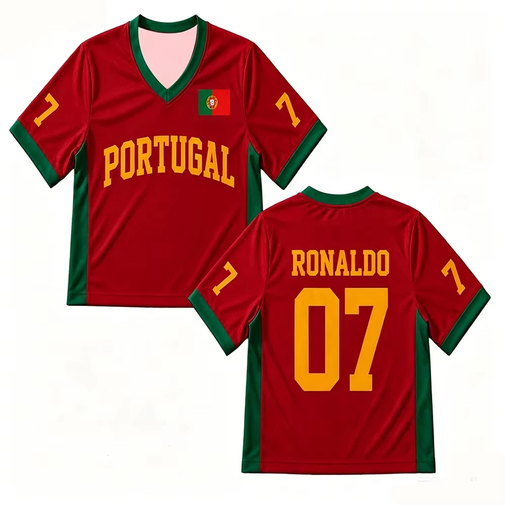 Portugal Fußballtrikot CR7 Nummer Rot Fan-Shirt für Damen und Herren Modisches Atmungsaktives Mesh-Trikot V-Ausschnitt Übergroßes Fußball-Oberteil – Detail 7