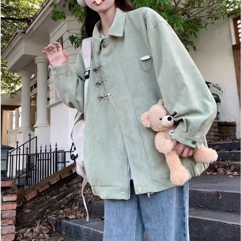

Retro Collar Coat for Women Spring-autumn Trendy Casual Loose Design Leather Student Jacket Top