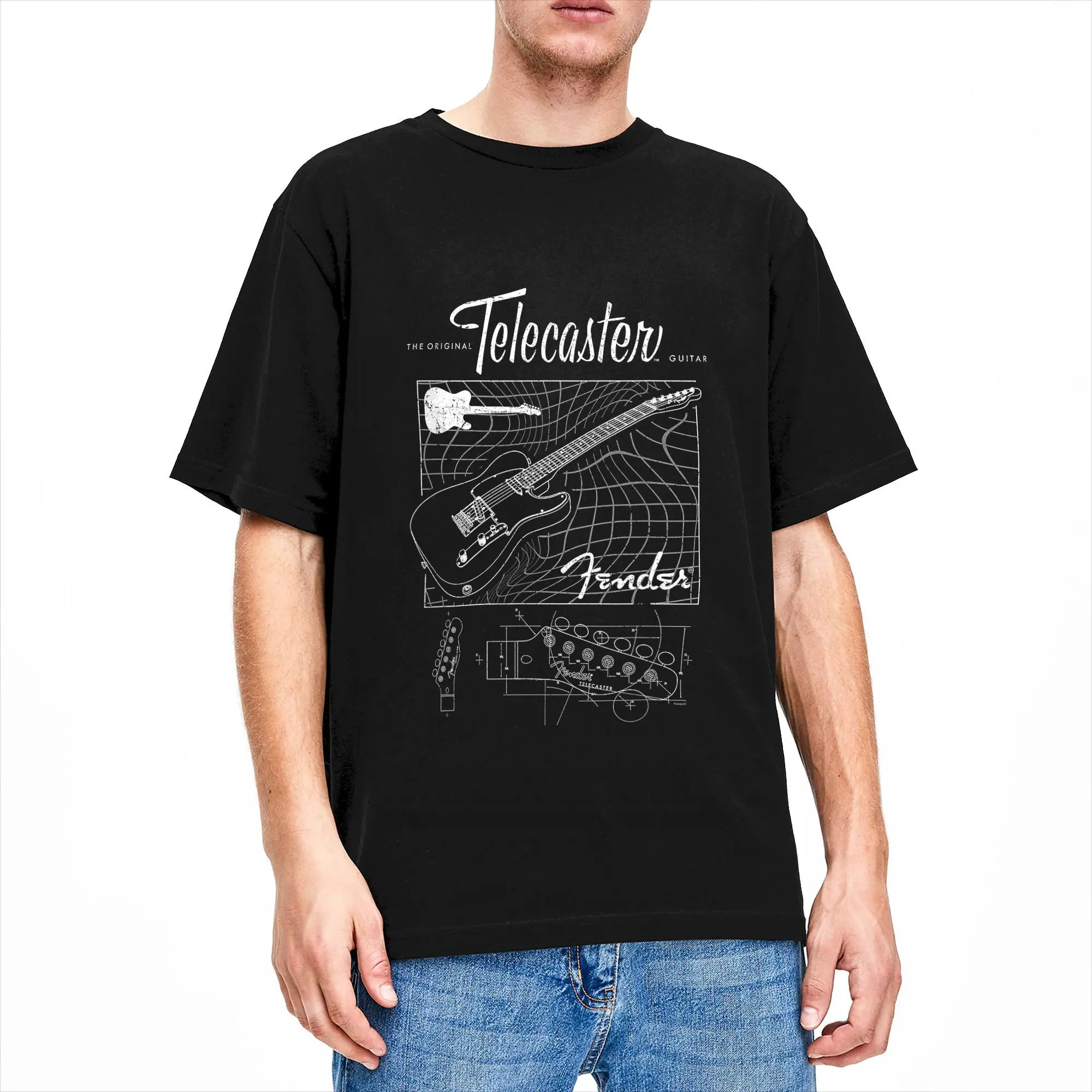 Men T-Shirt Fender The Original Telecaster Guitar Schematic Poster 100% Cotton Tee Shirt Short Sleeve T Shirt Clothing