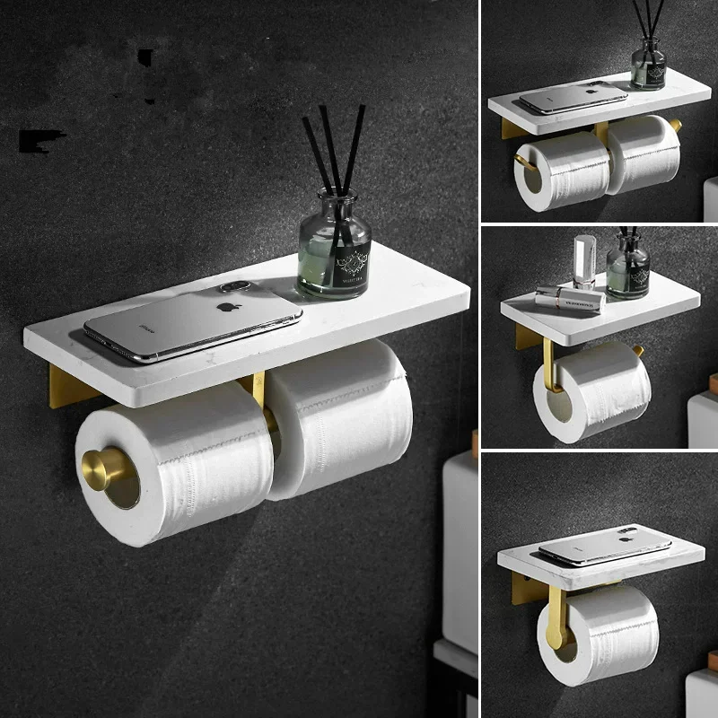 White Marble Bathroom Paper Holder with phone Holder Brushed Gold Paper Roll Holder Tissue Holder Rack Toilet Paper Holder