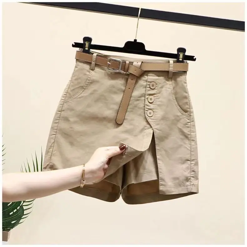 2024 Summer New Korean Versatile Fashion Slimming Pants Elastic Waist Skirt Linen Split Shorts For Women