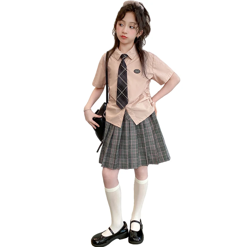 Japanese Korean Girls School Uniform Set Shirt +Pleated Skirt JK Cute Student Casual Plaid Skirt Uniform Children\'s Costume Suit