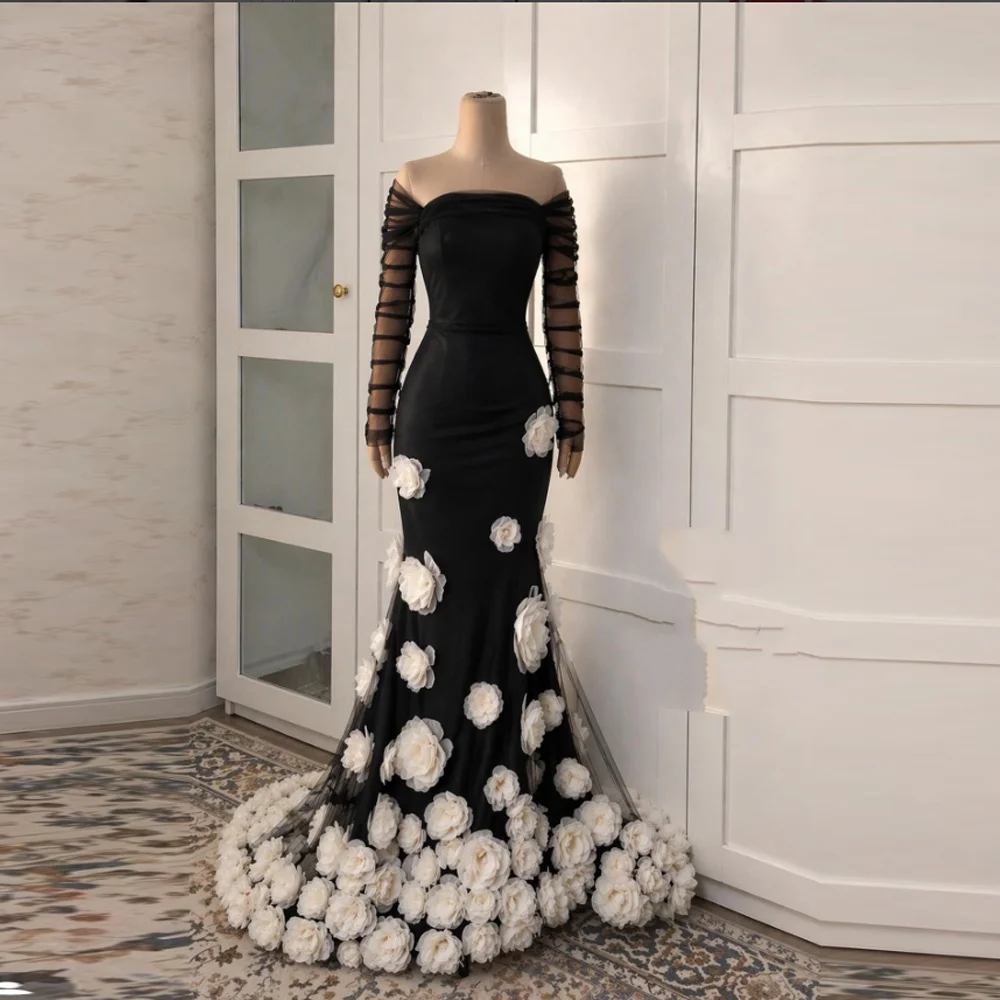 

Customized Mermaid Long Sleeves Prom Dresses Off The Shoulder Vestidos De Fiesta Pleated Flowers Floor Length Evening Dresses