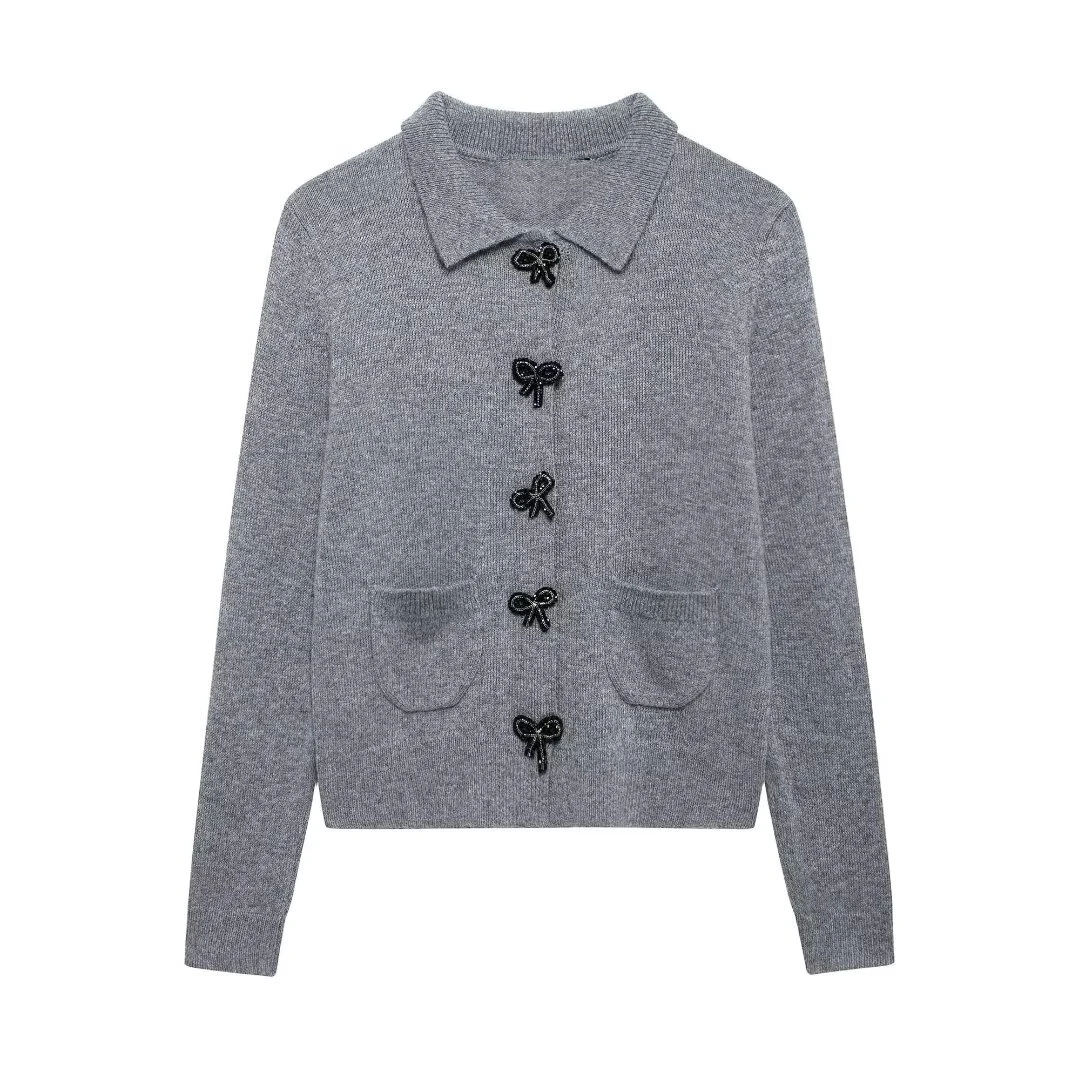 Tangada 2024 Women Beading Bow Cardigan Sweaters Buttons Long Sleeve Female Jumper 3H0984