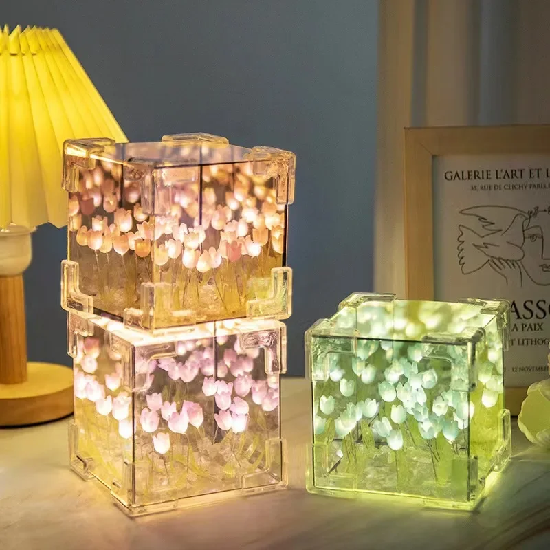 Creative Diy Tulip Flower Sea Cube Three-Dimensional Small Night Lamp Material Package for Girlfriend Couple Girlfriends