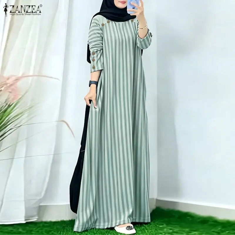 Modest Muslim Abaya Dress ZANZEA Women Striped Maxi Dresses Elegant O Neck Long Sleeve Pleated Sundress Robe Kaftan Ramadan