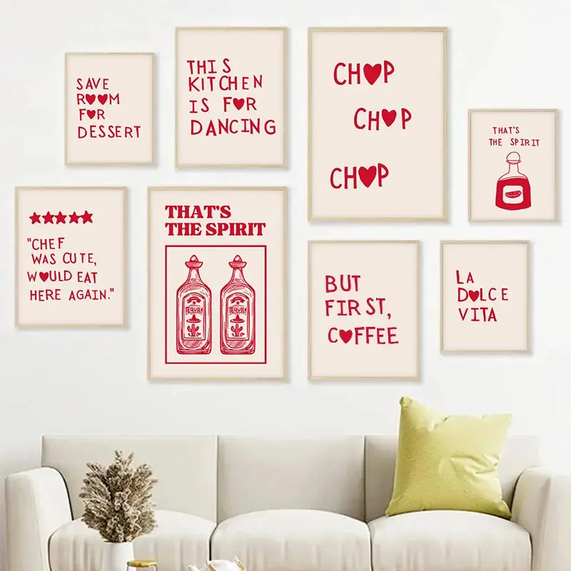 Retro Red Love Words Lettering Cocktail Wall Art Canvas Painting Nordic Kitchen Aesthetic Posters Print Pictures Room Home Decor