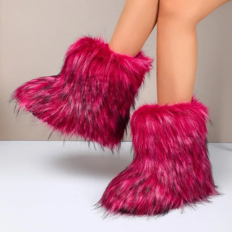 

2024 New Winter Faux Fur Boots Women Warm Fluffy Snow Boots Luxury Footwear Female Furry Fox Fur Bottes Fashion Winter Shoes 43