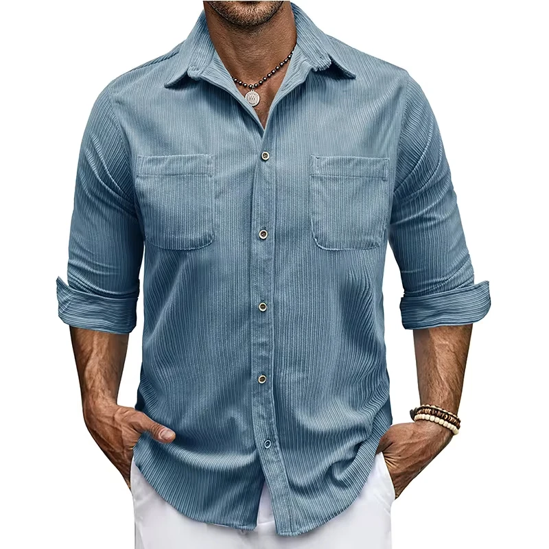 

2025 Autumn Winter Fashion Men's Basic Turn-down Collar Long Sleeve Casual Trendy Solid Color Corduroy Shirts Male Clothes Tops