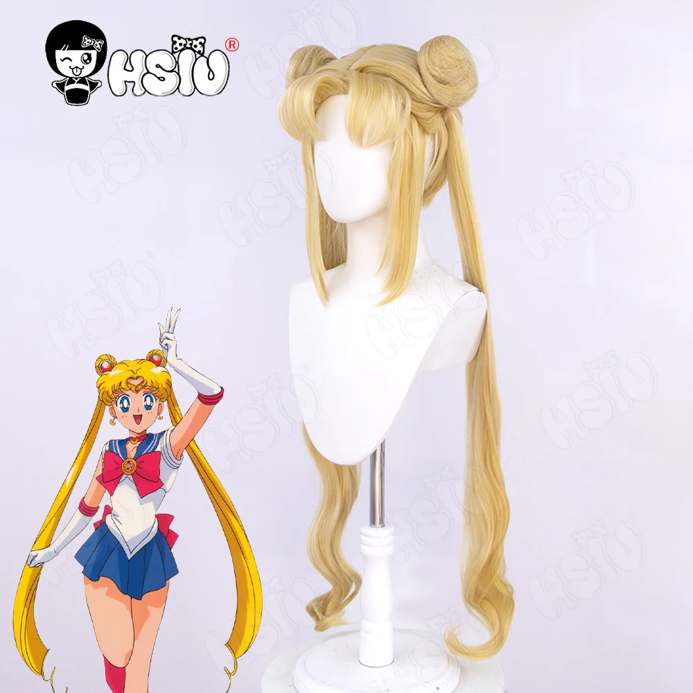 Tsukino Usagi peruka do cosplay peruka z włókna syntetycznego HSIU 95Cm blond podwójny kucyk długie kręcone peruka marki