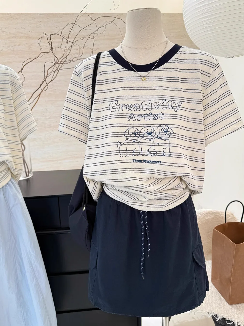 

plus Size Women's T-Shirt Letter Cartoon Embroidery Stripes Short Sleeve round Neck Summer Top Age-Defying Student Wear