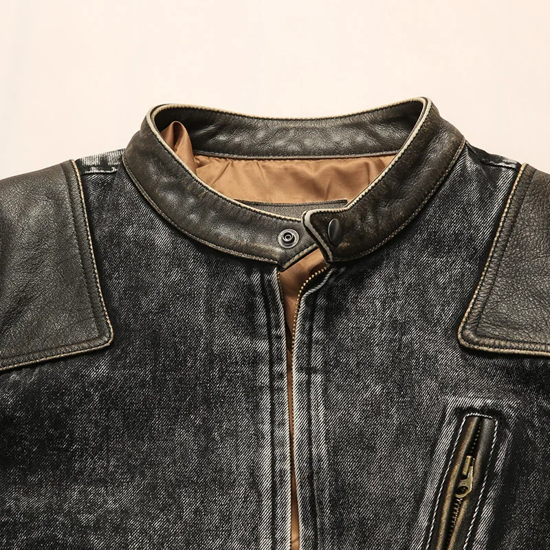 Veste en cuir Denim américain Vintage, manteau en cuir de vache ciré délavé, Style rétro