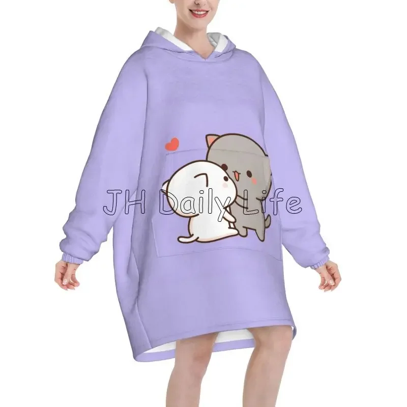 Couple Mochi Cat Wearable Blanket Hoodie Women Oversized Pullover Sweatshirt Peach and Goma Warm Cozy Fleece Sherpa Blankets