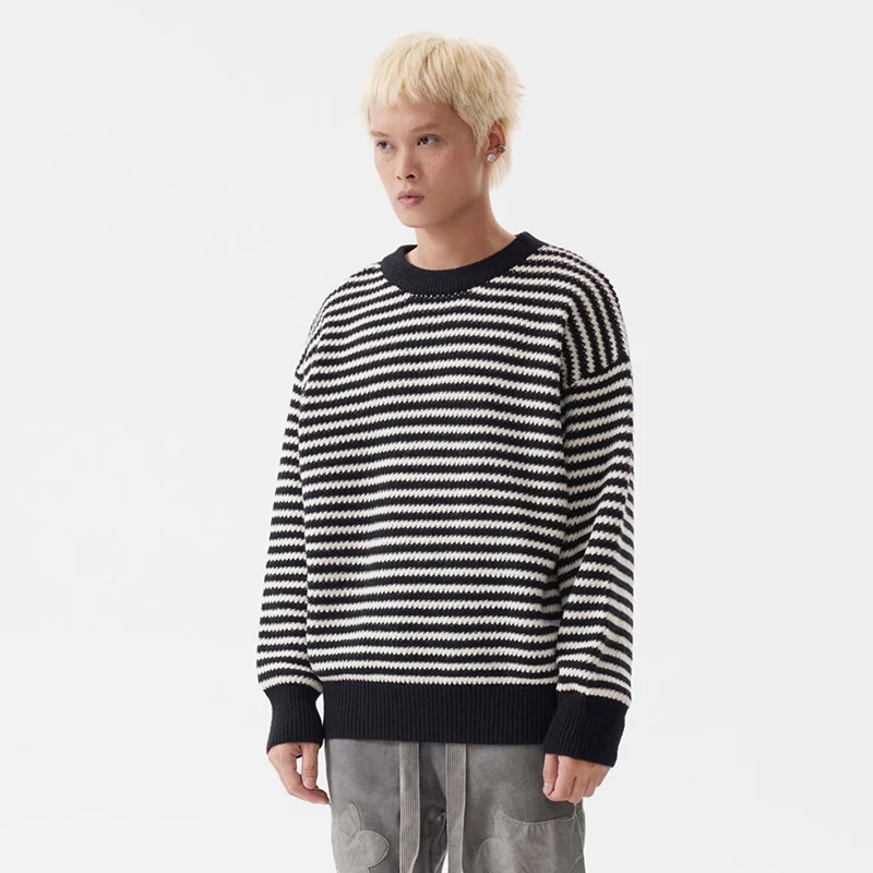 PFNW American Texture Striped Design Men's Sweater Round Neck Pullover Versatile Male Casual Knitted Tops Autumn Trendy  28W4768