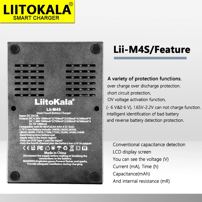 LiitoKala Lii-M4S +U1 18650 Smart Charger LCD Display for 26650 21700 32650 18500 20700 21700 16340 CR123A AA AAA battery image 2