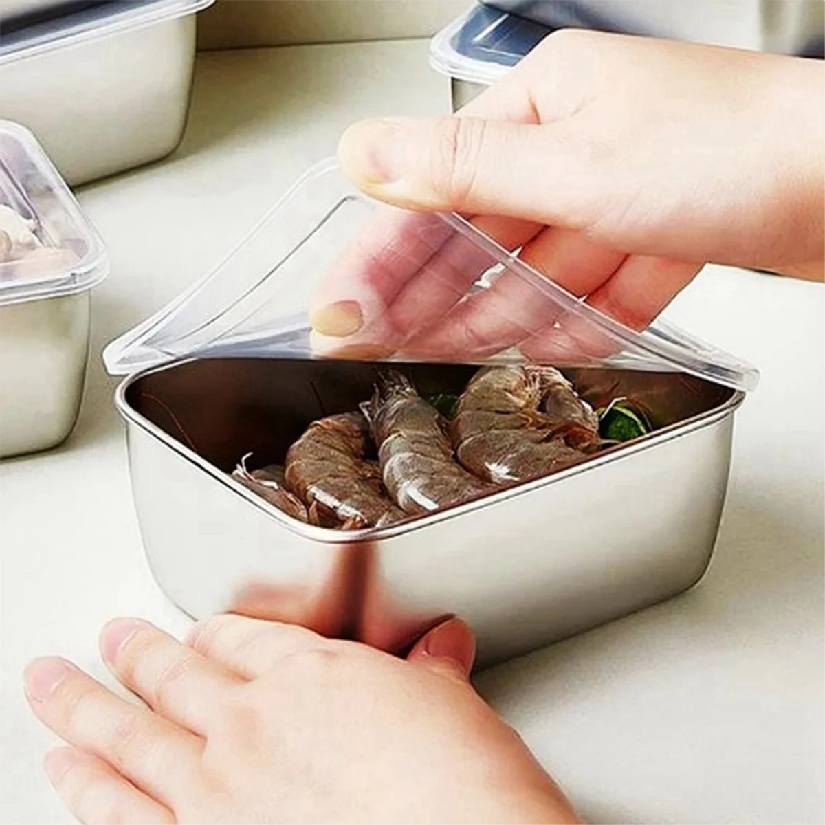 Stainless Steel Refrigerator Crisper Food Storage Box with Plastic Lid Prepare Seafood Fruit Vegetable Picnic Box S