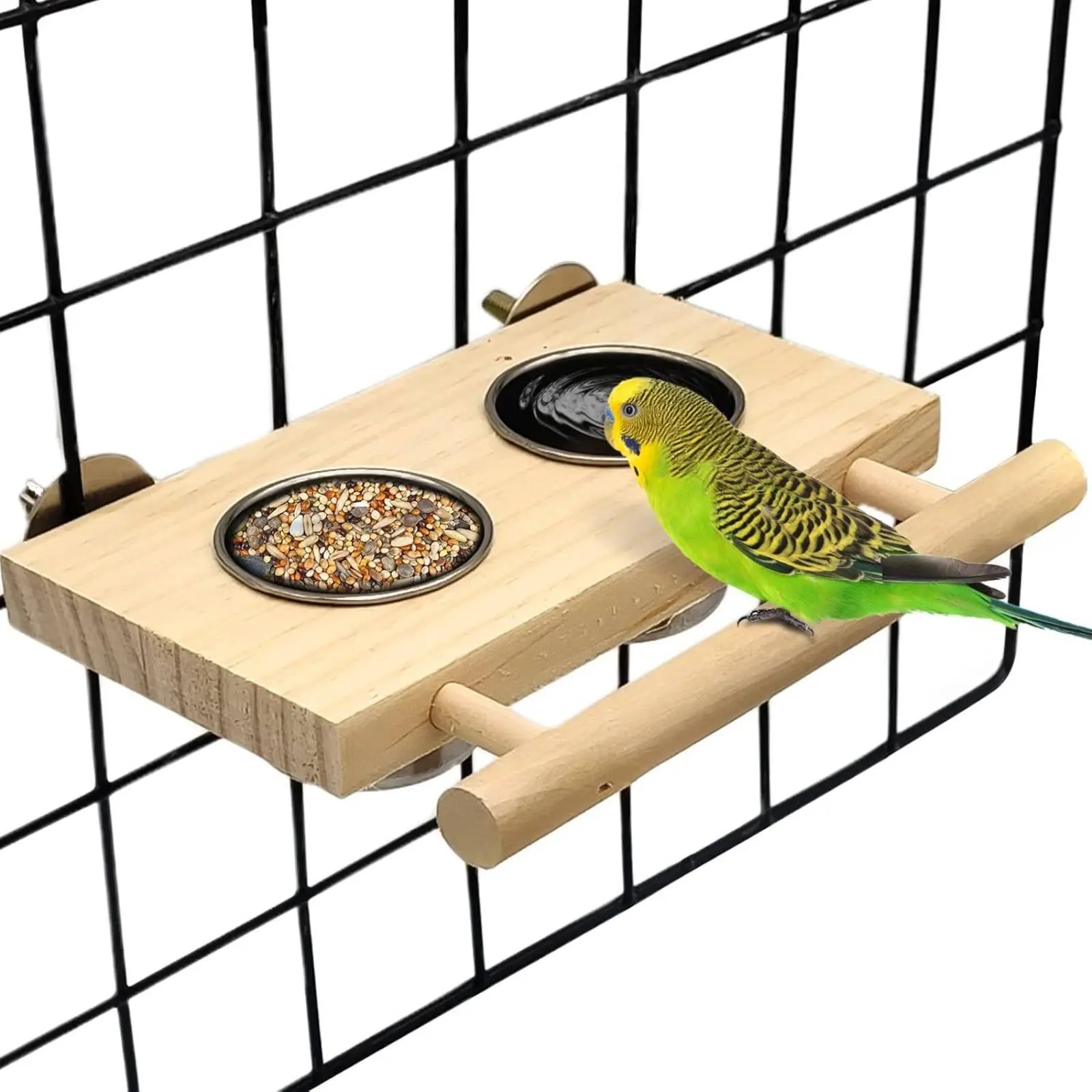 

Stainless Steel Enclosure Feeder Cups Foraging Toy Parrot Food and Water Bowl Stand Avian Feeding Dish with Perch Sturdy &