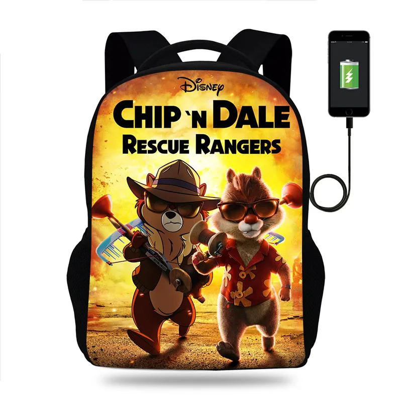 Fashion Chip n Dale Cartoon Backpack Boy Girl Teenager School Bag USB Charging Daily Travel Large Capacity Backpack Mochila