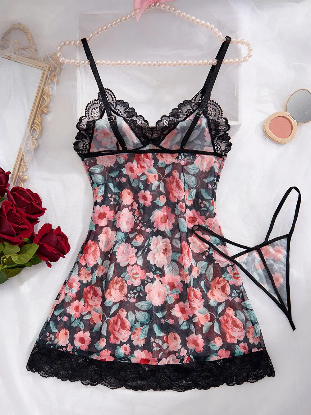 สตรีชุดชั้นในเซ็กซี่ Babydoll ชุดนอนดอกไม้ Rose พิมพ์ตาข่าย Nightdress V คอดูผ่านนุ่ม Chemise ชุดนอน G-String